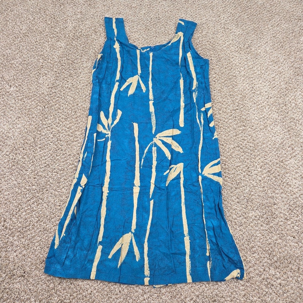 Vintage JAMS World Rayon Blue Bamboo Shoot Sleeveless Hawaiian Dress Large USA